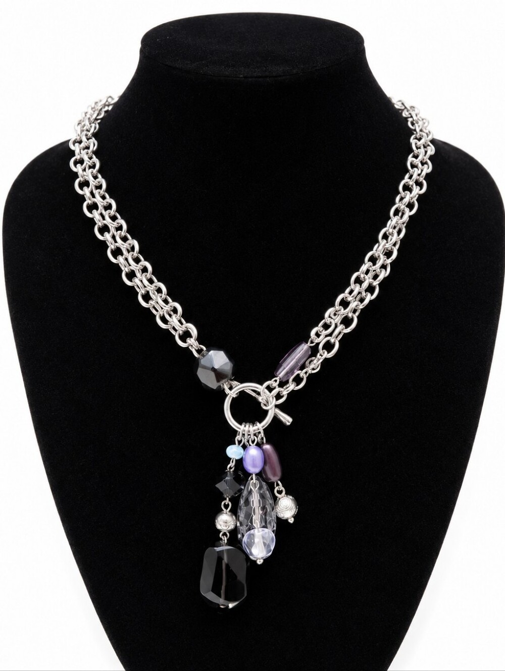 Silver Tone Double Strand Crystal Beaded Necklace with Charm Pendant
